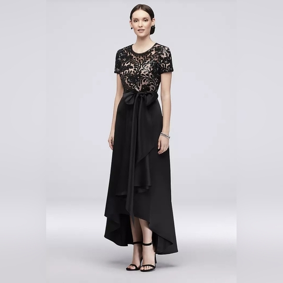 R&M Richards Black Satin & Sequined Lace A-Line High-Low Maxi Dress - Picture 3 of 14